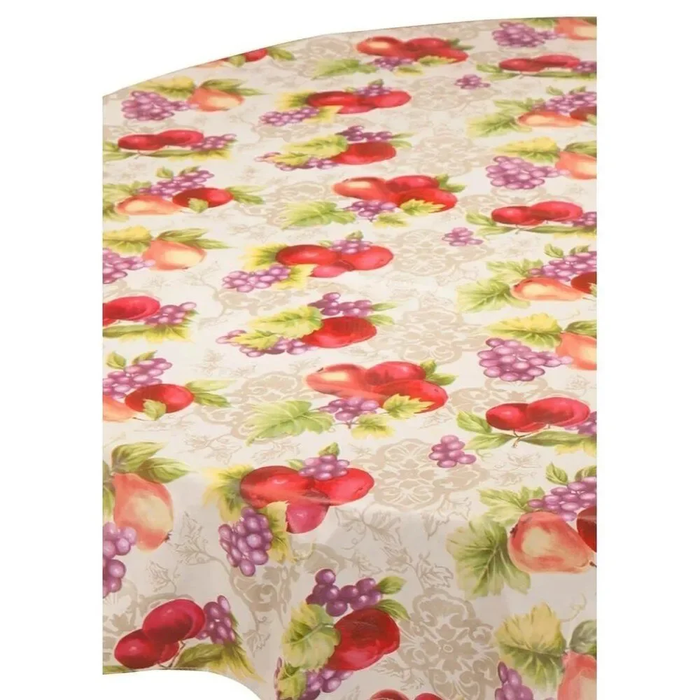 Harvest Fruit Vinyl Tablecloth 70-in Round Apple Grapes Pears Kitchen Table
